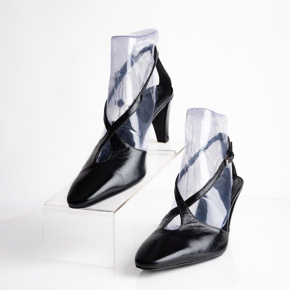 Massimo Dutti Womens Leather Heels Pumps Cross Black US 6.5 EU 37 New 1400/450